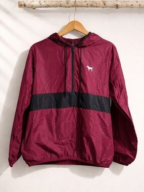PINK Victoria's Secret Maroon Pullover Windbreaker with Black Stripe